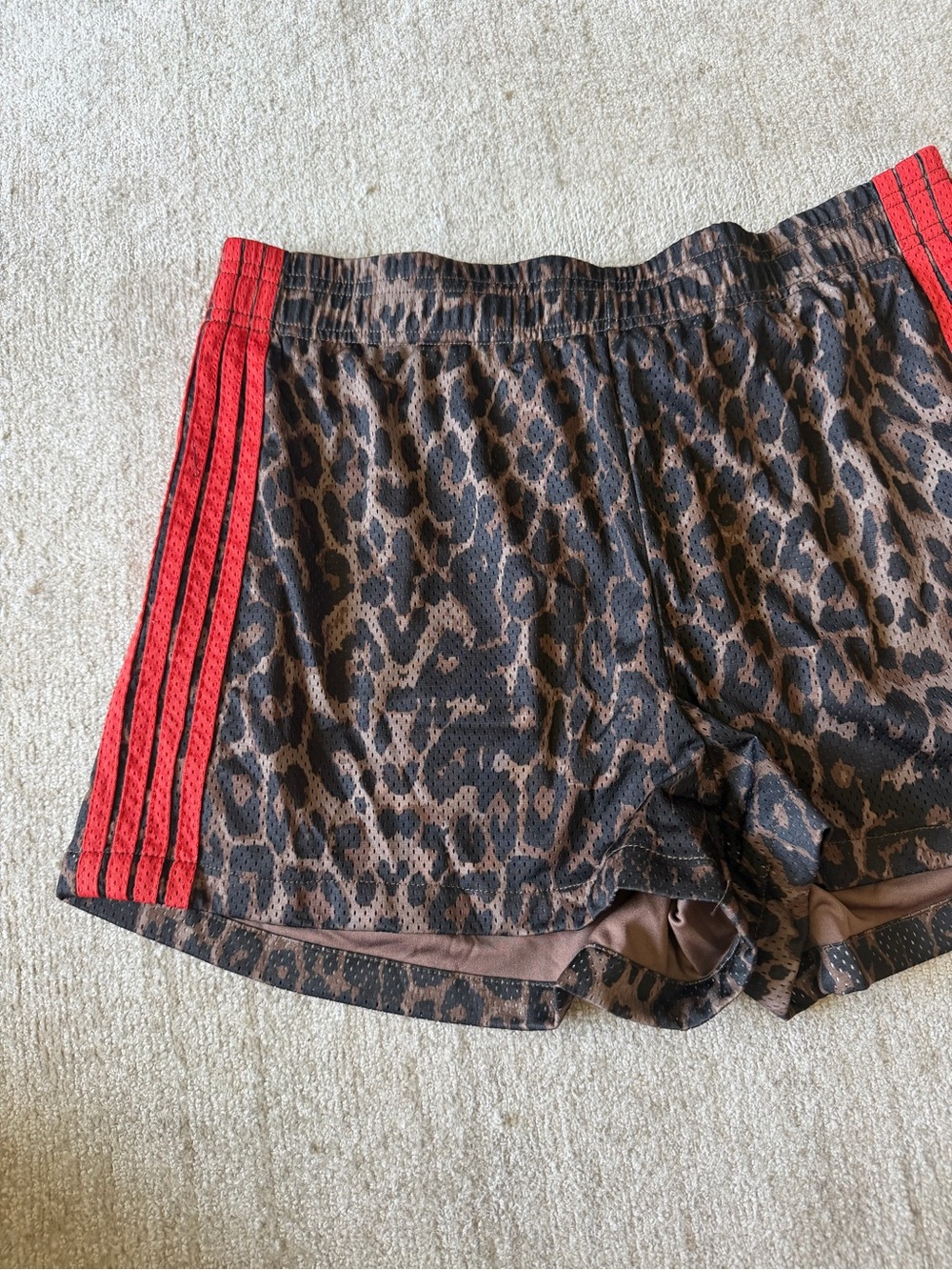 Women’s Athletic Shorts with Red Side Stripes - Leopard Print - Picture 2 of 5
